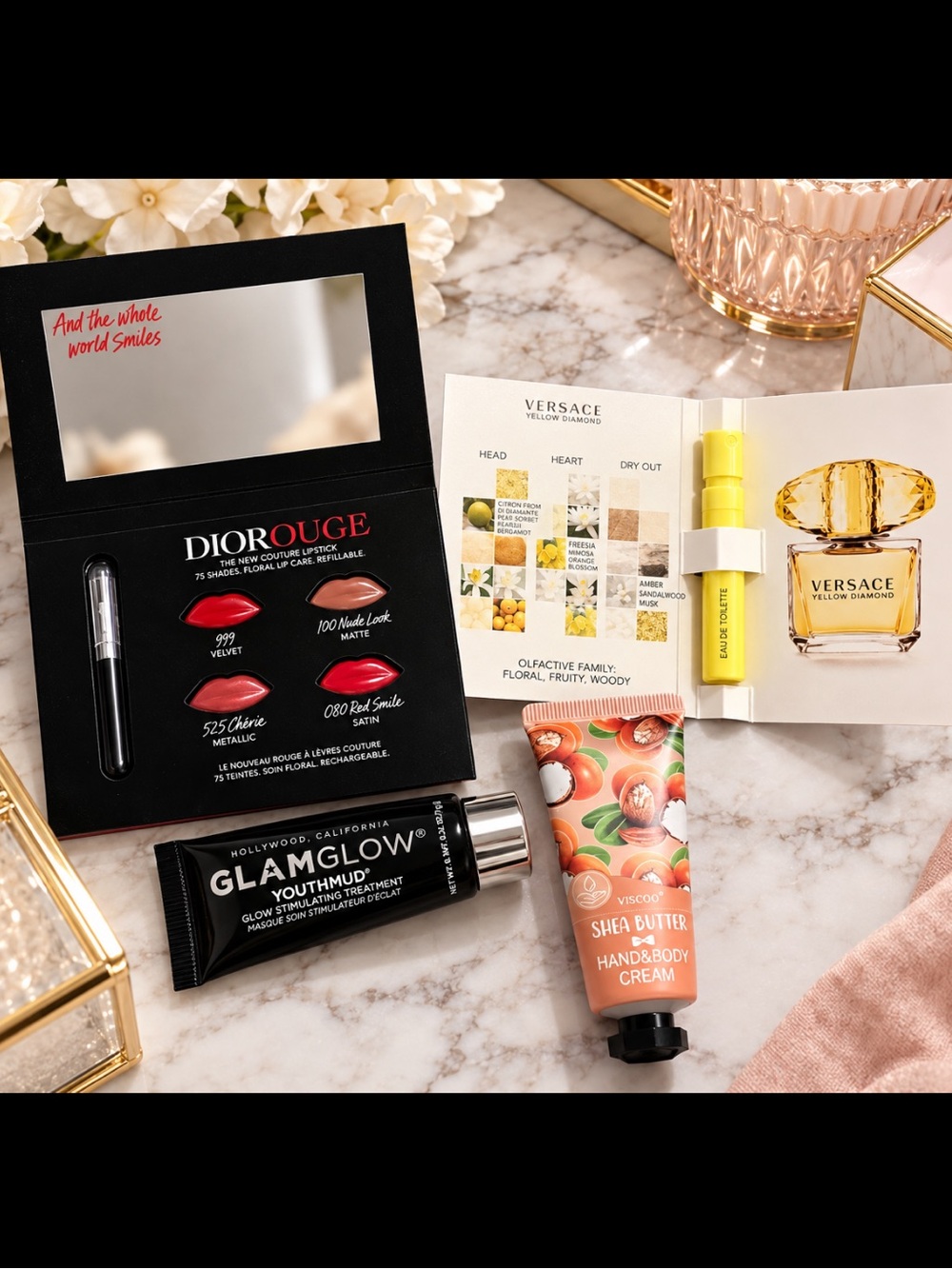 ✨ Versace Yellow Diamond Beauty Sample Gift Set – GlamGlow + Hand + Dior lip
